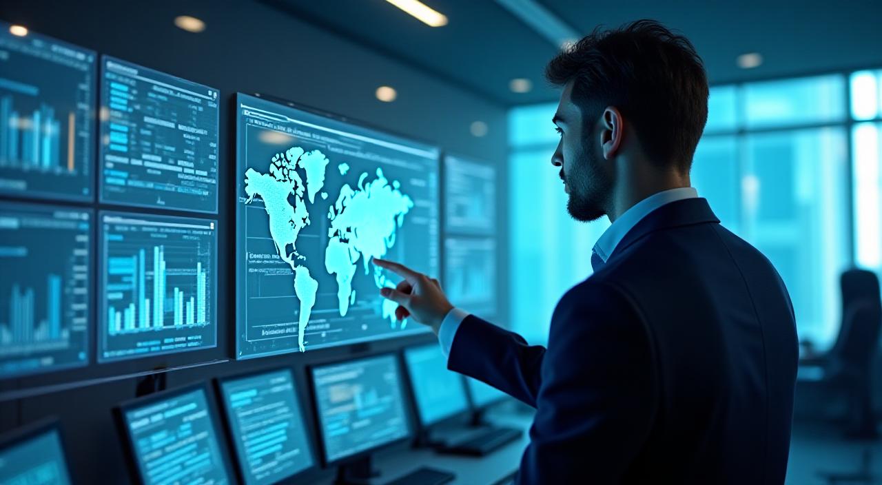 Modern professional data analyst working on futuristic 3D data dashboard